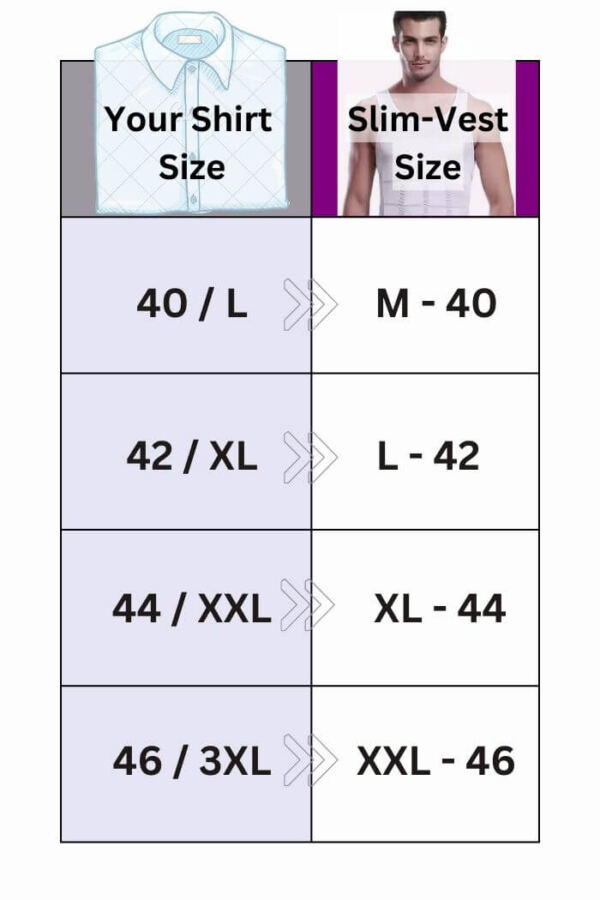 Size chart comparing men's slim vest sizes to shirt sizes.