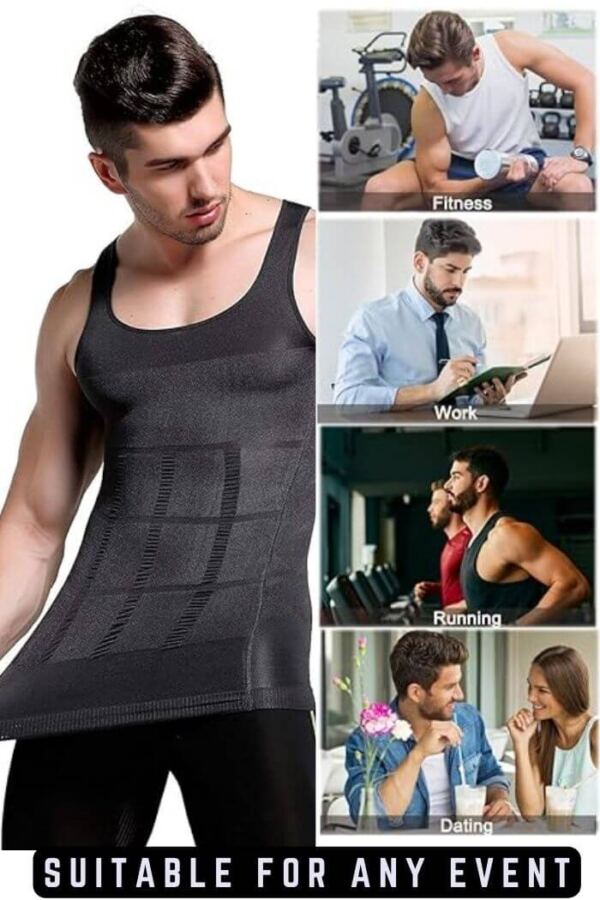 Man demonstrating the stretch of a black slim vest with collages depicting gym, office, jogging, and dating.