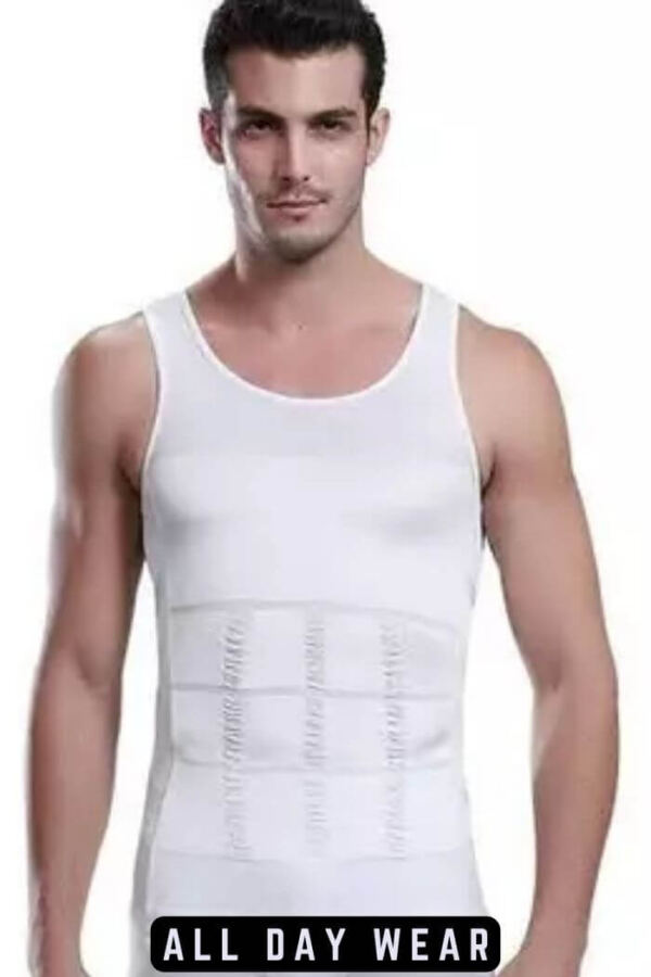 Smiling man wearing a slim vest with "all day wear" text overlay.