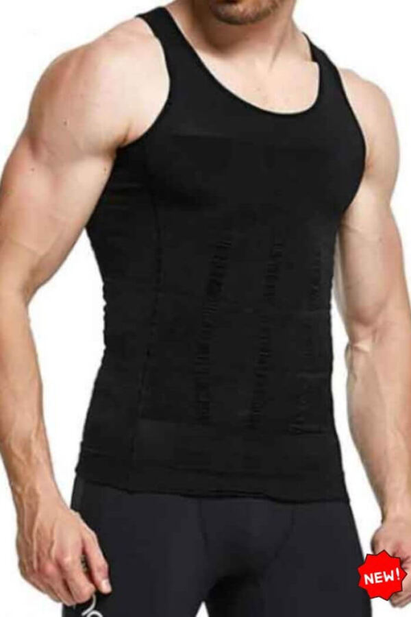 Side view of a man wearing a new black slim vest with a smoother, more toned physique.