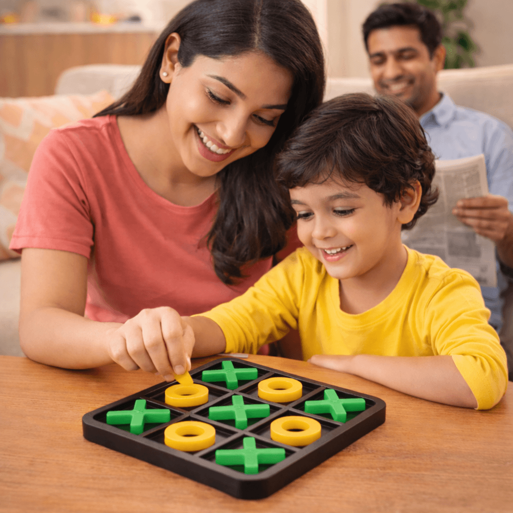 Family fun in the living-room with tic tac toe board